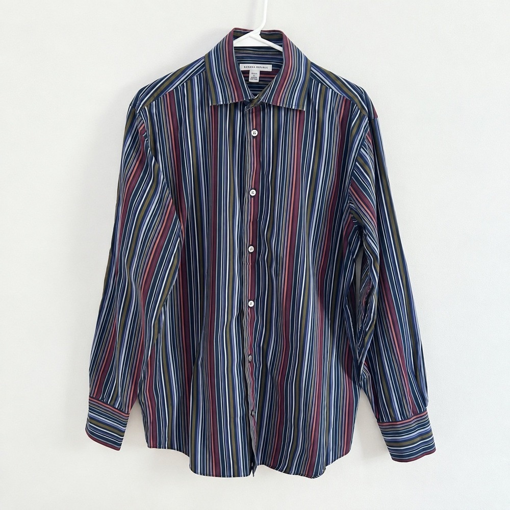 Banana Republic Mens Button Front Navy Multicolor Striped Cotton Shirt Large